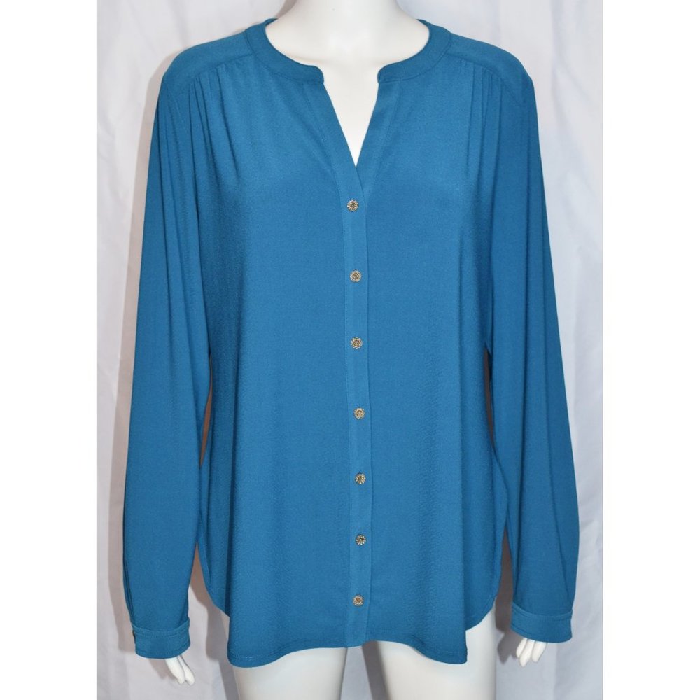 Susan Graver Liquid Knit Blue Button Front Long Sleeve Shirt Ornate Buttons  M